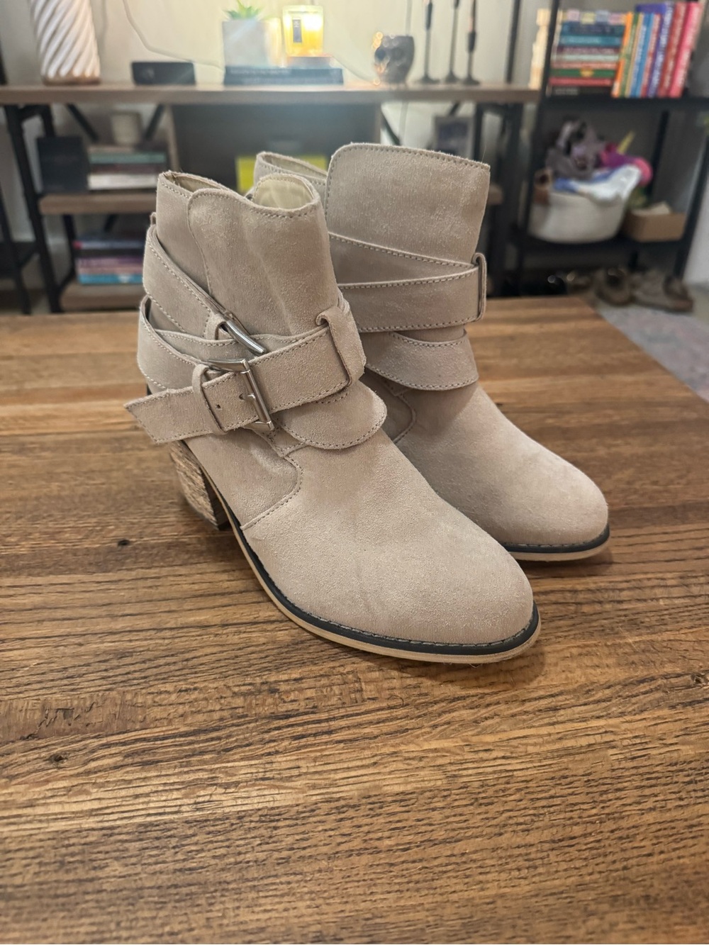 Women’s Beige Suede Buckle Ankle Booties